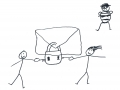 My drawing is of two people who are happy because their communication is private. A "bad guy is sad because he can't access the privacte interaction. By Ethan, age 27
